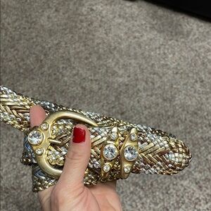 Vintage 90s Gold and Silver Braided leather Belt with Rhinestones gold buckle